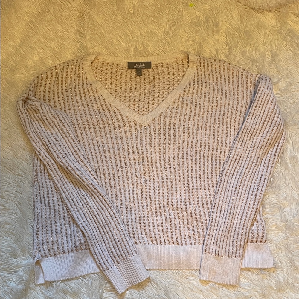 Marled by Reunited Clothing white with gold accents V-Neck Sweater